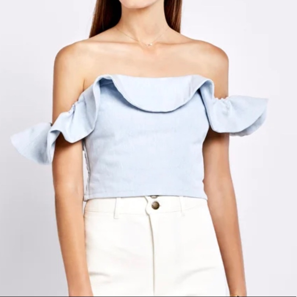 APIECE APART FLORIAN DENIM RUFFLE OFF-SHOULDER SMOCK TOP 2 - Picture 2 of 11